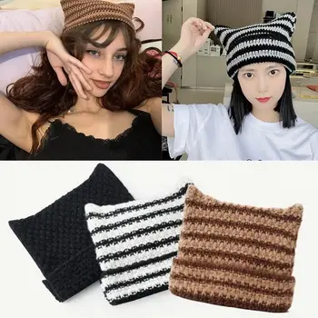 Uus Jaapani Beanie Müts Ins Väike Kurat Triibuline Kootud Villa Cap Sügisel ja Talvel, Armas Kassi Kõrvad Pikad Pullover Naiste Mütsid